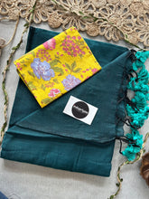 Rama Handloom Cotton Saree With Yellow Flower Print Blouse